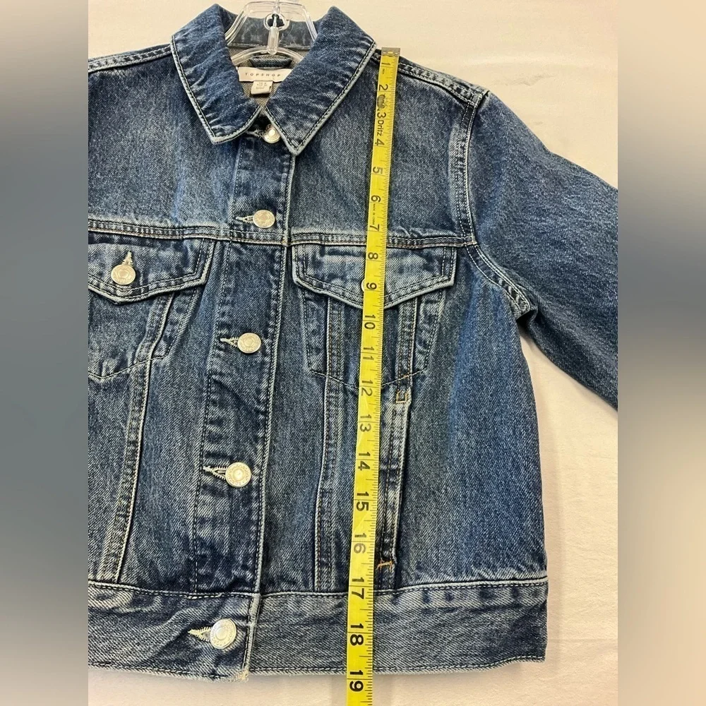 Topshop Women's Medium Wash Blue Denim Trucker Cropped Western Jacket Pockets 4 - Picture 5 of 9